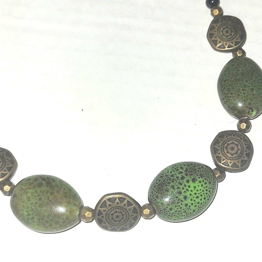 20" Necklace Bronze African Bead Green Ceramic and Jasper